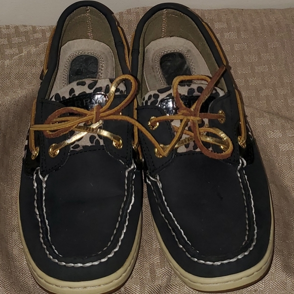 Sperry Black Top-siders w/cheetah and gold trim - Picture 2 of 6